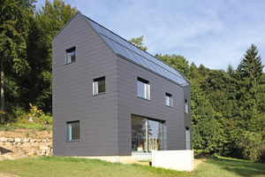  Fast wie ein Felsen wächst das scharfkantige Wohnhaus mit seiner blauschwarzen Fassade aus dem Boden
 