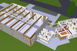  Das Kompetenzzentrum Holzoberfläche besteht aus einem knapp 800 m2 großen Neubau links, der restaurierten Villa Kösters mit den Seminarräumen (rechts) und dem verbindenden Foyer 